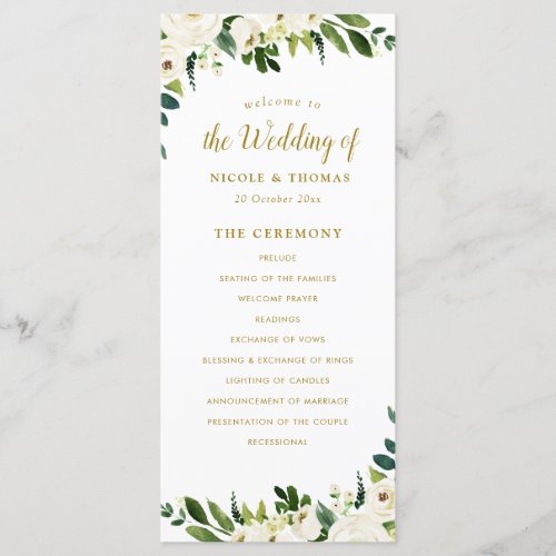 green and gold floral wedding program