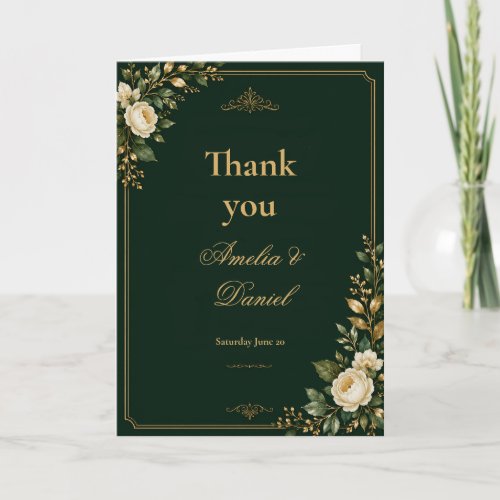 Green and Gold Floral Wedding Thank You Card