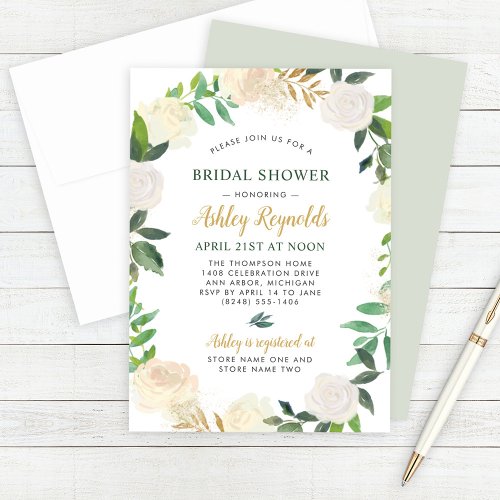 Green and Gold Floral Wreath Wedding Bridal Shower Invitation