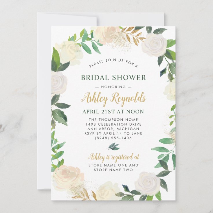 Green and Gold Floral Wreath Wedding Bridal Shower Invitation | Zazzle