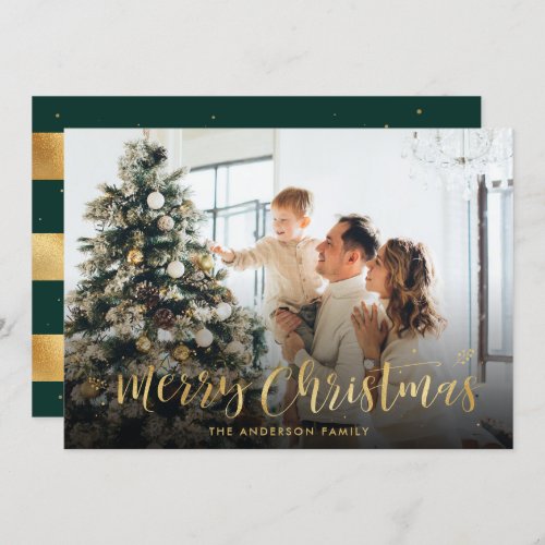 Green and Gold Foil Merry Christmas Photo Cards