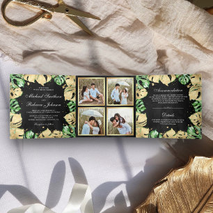 Green and Gold Foil Monstera Palm Black Wedding Tri-Fold Invitation