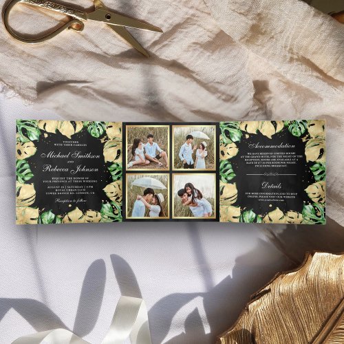 Green and Gold Foil Monstera Palm Black Wedding Tri_Fold Invitation