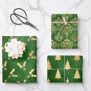 Green and Gold Foil Winter Christmas Patterns Wrapping Paper Sheets