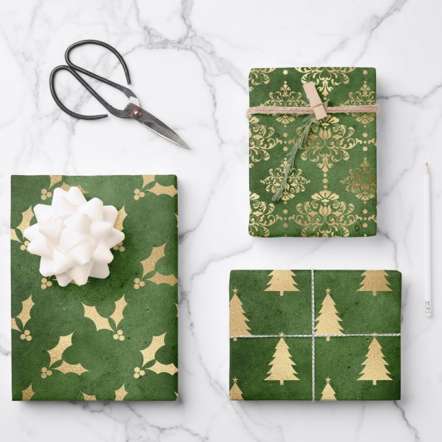 Green and Gold Foil Winter Christmas Patterns Wrapping Paper Sheets (Front)