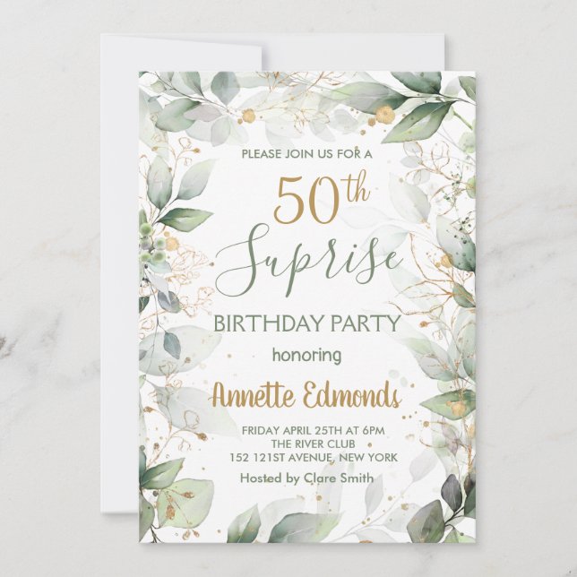 Green and gold foliage 50th Birthday Party Invitation (Front)