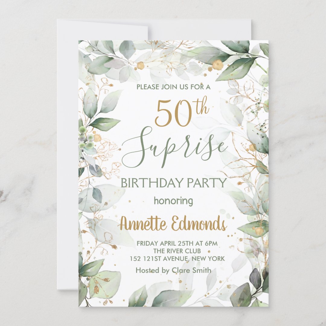 Green and gold foliage 50th Birthday Party Invitation | Zazzle