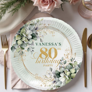 Green And Gold Foliage 80th Birthday Boho Style Paper Plates