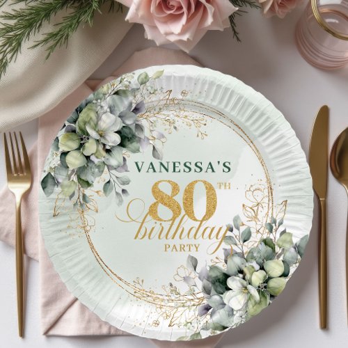 Green And Gold Foliage 80th Birthday Boho Style  Paper Plates