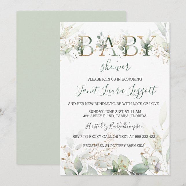 Green and gold foliage Baby Shower Invitation (Front/Back)
