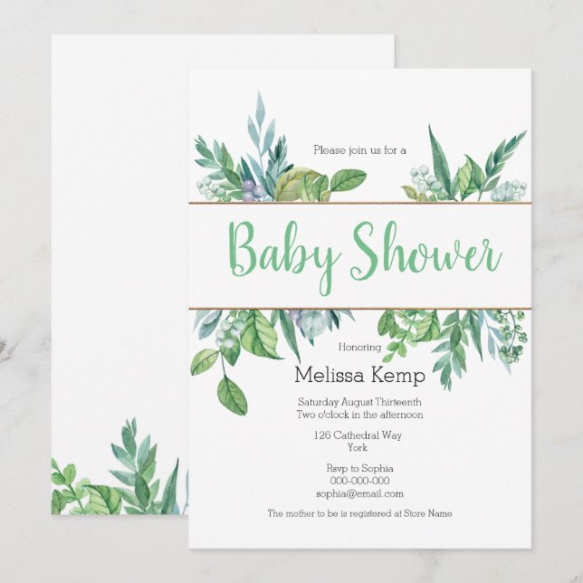 Green and Gold Foliage Baby Shower Invitation (Front/Back)