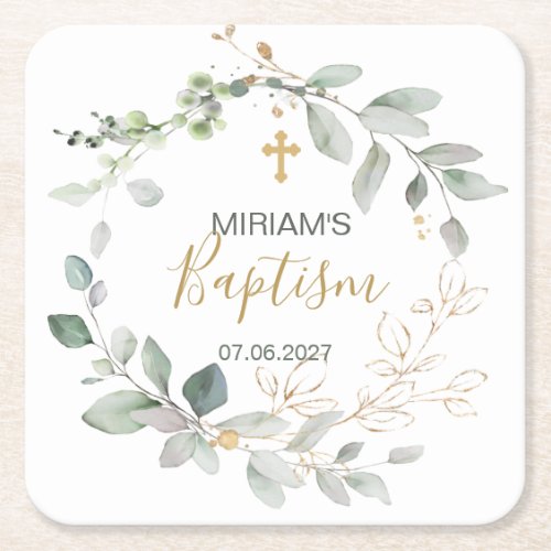 Green and gold foliage Baptism Paper Coaster