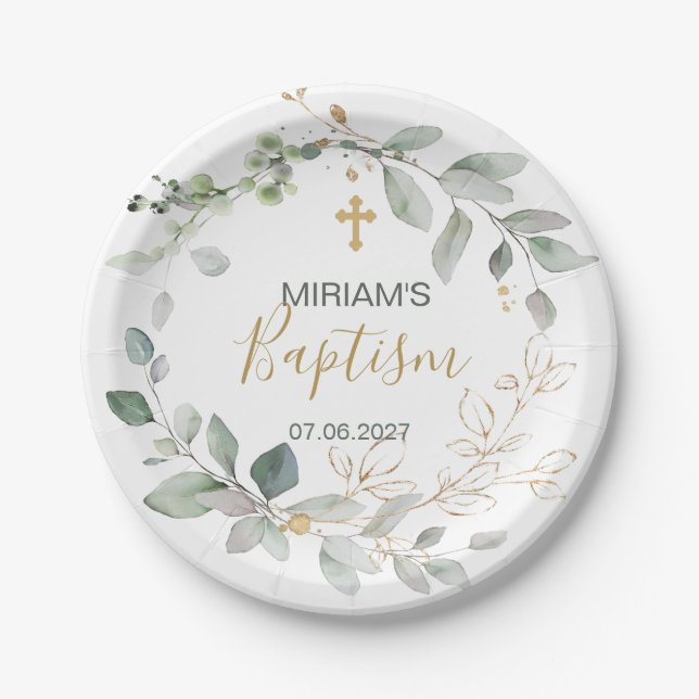 Green and gold foliage Baptism paper Plate (Front)
