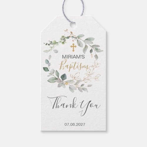 Green and gold foliage Baptism  Thank You Gift Tag