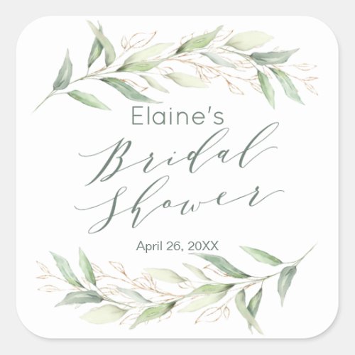 Green and gold foliage Bridal Shower  Square Sticker