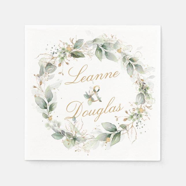 Green and gold foliage Wreath Wedding Napkins (Front)