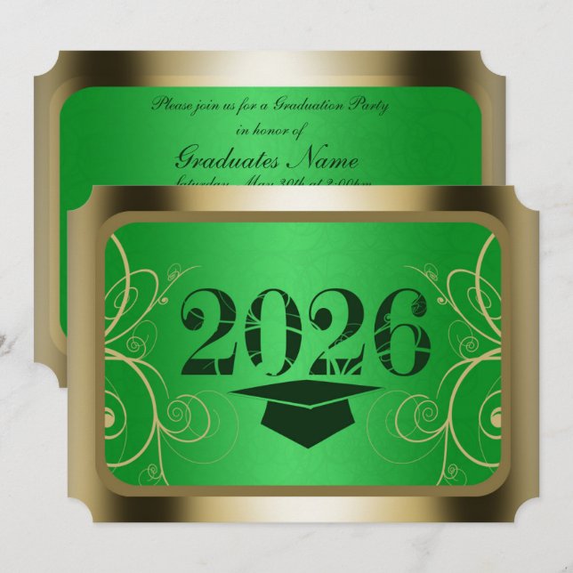 Green and Gold Frame Graduation Party Invitation (Front/Back)