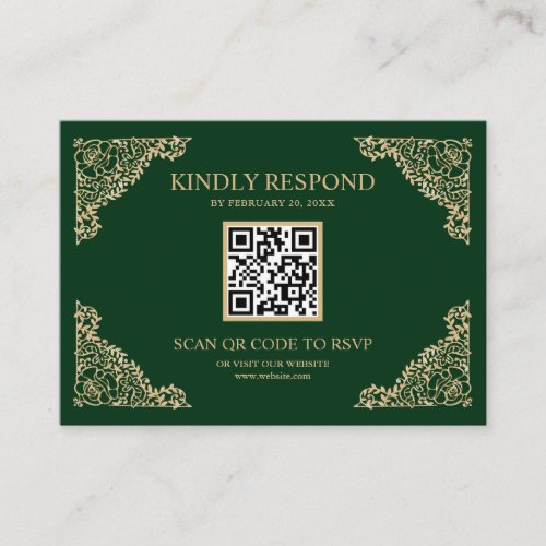 Green and Gold Frame QR Code RSVP Wedding Website Enclosure Card