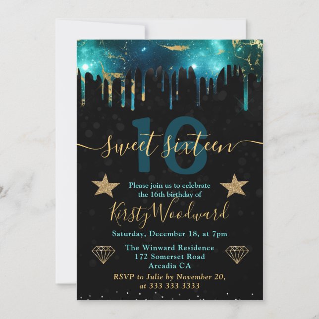 Green and Gold Galaxy Marble Sweet Sixteen Invitation (Front)
