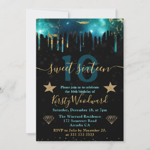 Green and Gold Galaxy Marble Sweet Sixteen Invitation