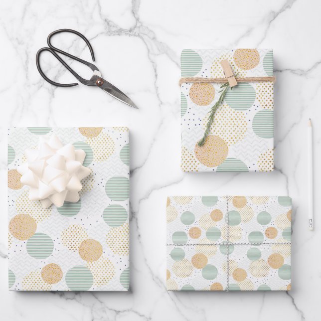 Green and Gold Geometric Christmas Wrapping Paper Sheets (Front)