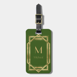 Green and Gold Geometric Monogram & Name Luggage Tag