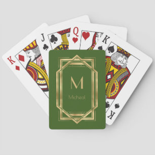 Green and Gold Geometric Monogram & Name Poker Cards