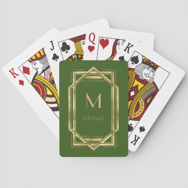 Green and Gold Geometric | Monogram & Name  Poker Cards (Back)