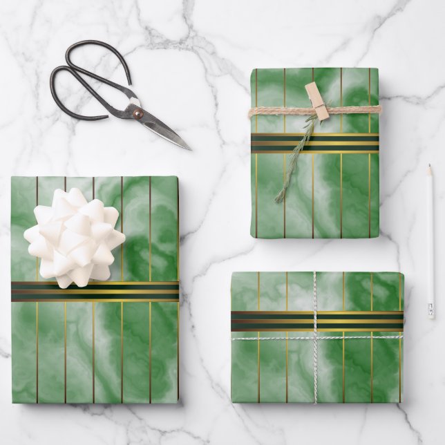 Green And Gold Geometric Stripes Emerald Marble Wrapping Paper Sheets (Front)