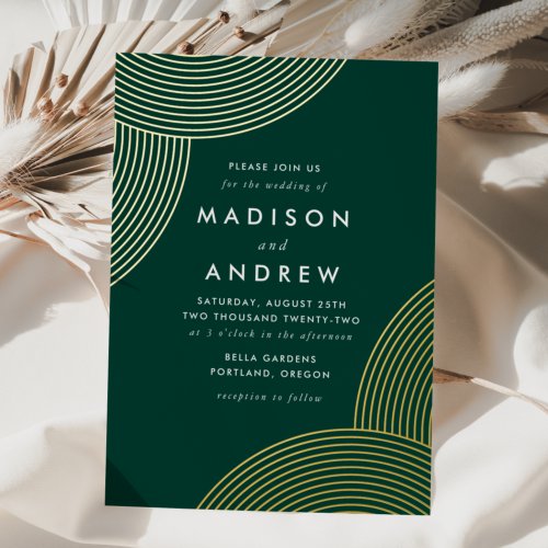 Green and Gold Geometric Swirls Wedding Foil Invitation