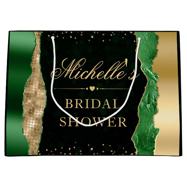 Green and Gold Glam Tears Bokeh Bridal Shower Large Gift Bag (Front)