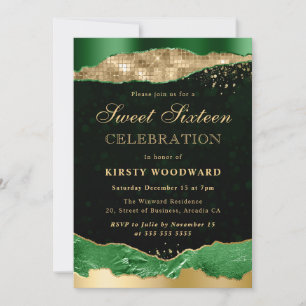 Green and Gold Glam Tears Sweet Sixteen Invitation