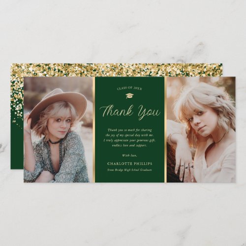 Green and Gold Glitter 2 Photo Graduation Thank You Card
