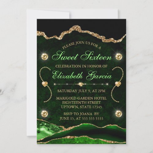 Green and Gold Glitter Agate and marble Sweet 16 Invitation