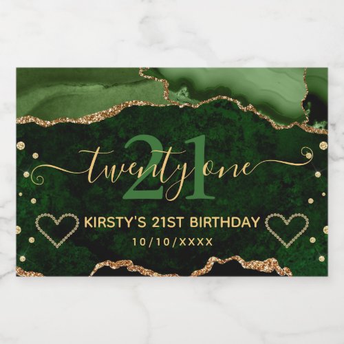 Green and Gold Glitter Agate Marble 21st Birthday Sparkling Wine Label