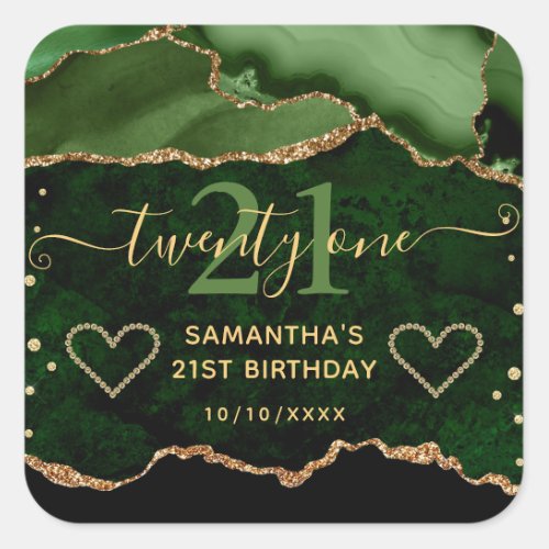 Green and Gold Glitter Agate Marble 21st Birthday Square Sticker