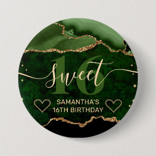 Green and Gold Glitter Agate Marble Sweet 16 Button