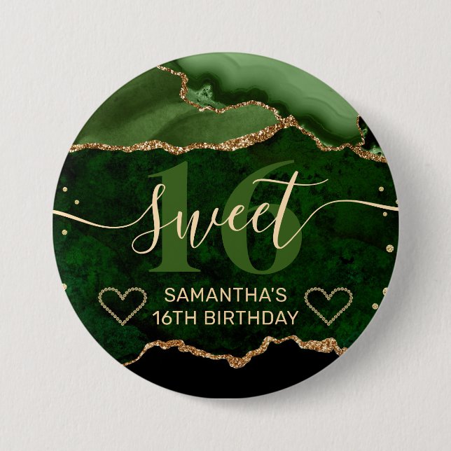 Green and Gold Glitter Agate Marble Sweet 16  Button (Front)