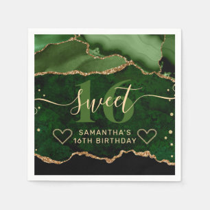 Green and Gold Glitter Agate Marble Sweet 16 Napkins