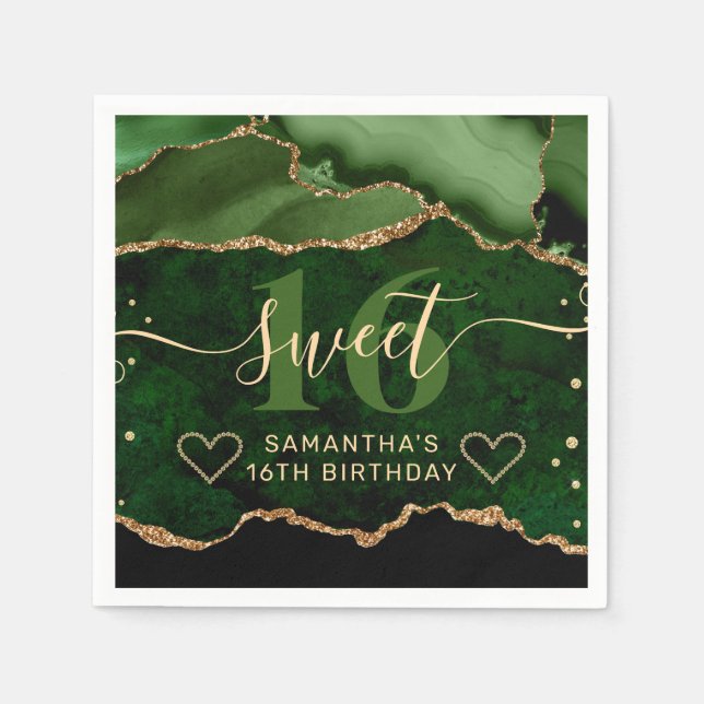 Green and Gold Glitter Agate Marble Sweet 16  Napkins (Front)