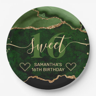 Green and Gold Glitter Agate Marble Sweet 16 Paper Plates