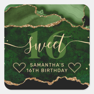 Green and Gold Glitter Agate Marble Sweet 16 Square Sticker
