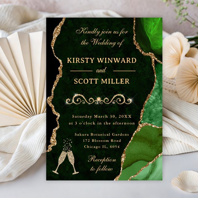 Green and Gold Glitter Agate & Marble Wedding Invitation (Creator Uploaded)