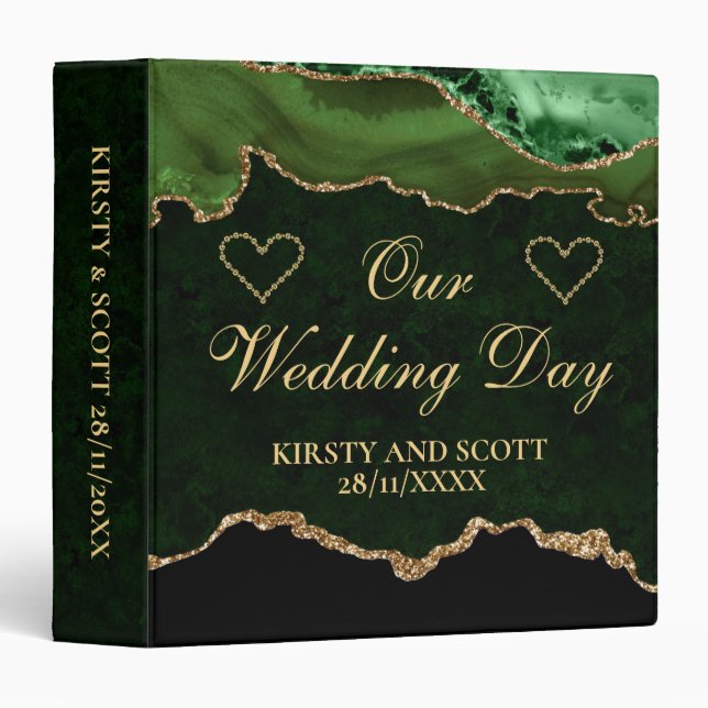 Green and Gold Glitter Agate Wedding Photo Album 3 Ring Binder (Front/Spine)