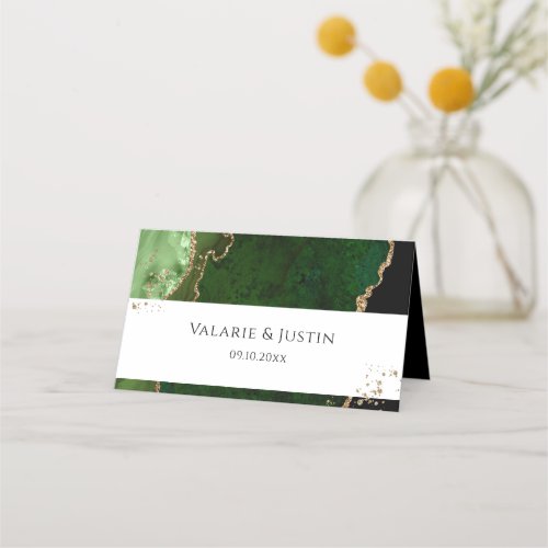 Green and Gold Glitter Agate Wedding Place Card