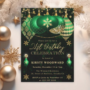Green and Gold Glitter Baubles 21st Birthday Invitation