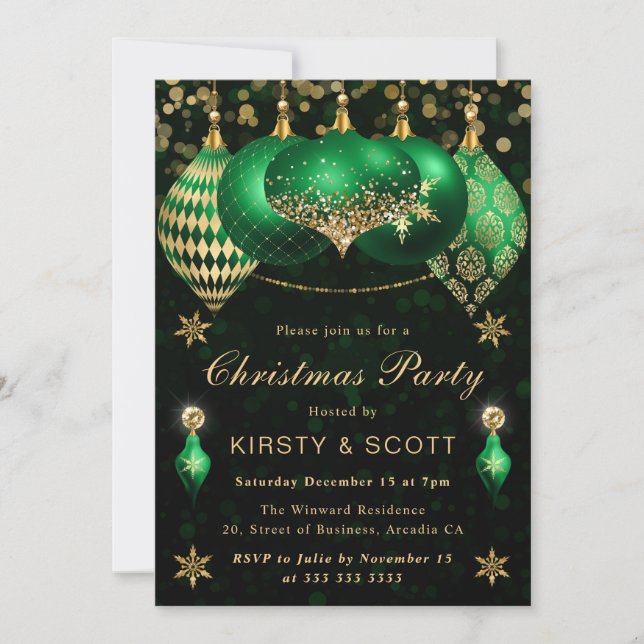 Green and Gold Glitter Baubles Christmas Party Invitation (Front)