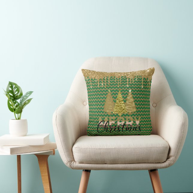 Green and gold glitter christmas tree throw pillow (Chair)