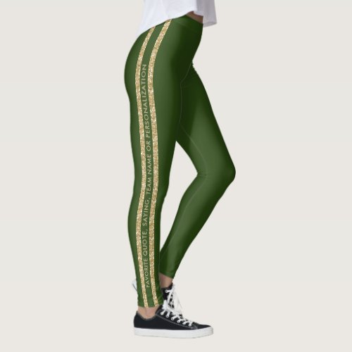 Green and Gold Glitter Custom Text Athletic Stripe Leggings