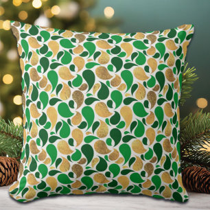Green and Gold Glitter Festive Pattern Fusion Throw Pillow